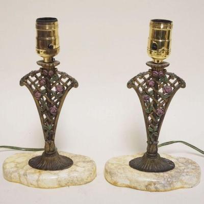 1020	PAIR OF CAST METAL FLOWER BASKETS BOUDOIR LAMPS ON WOOD BASES, EACH APPROXIMATELY 10 IN HIGH
