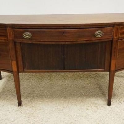 1220A	ANITQUE MAHOGANY ENGLISH SIDEBOARD HAVING 5 DRAWERS & TAMBOR SLIDE CENTER, BANDED INLAID DRAWERS, TAMBOR GUIDES IN NEED OF REPAIR,...