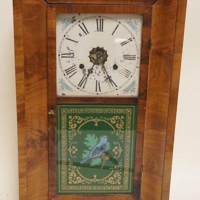1153	ANTIQUE EMPIRE OGEE SHELF CLOCK, WILLIAM J. JOHNSON, WEIGHT DRIVEN WITH REVERSE GLASS PAINTED DOOR, APPROXIMATELY 15 IN X 5 IN X 26...