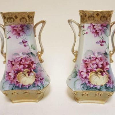 1025	PAIR OF DOUBLE HANDLED HAND PAINTED NIPPON VASES, EACH APPROXIMATELY 10 IN HIGH

