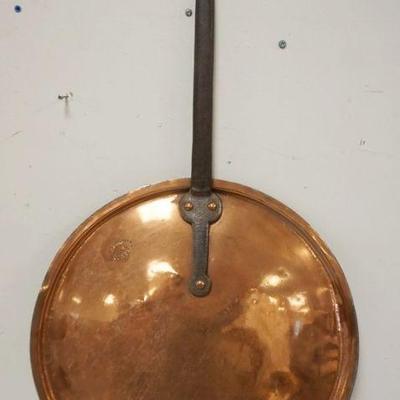 1164	LARGE HAND MADE COPPER POT LID WITH WROUGHT IRON HANDLE, LID SIZE APPROXIMATELY 18 3/4 IN ROUND
