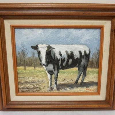 1186	OIL PAINTING ON BOARD, IMAGE OF A COW, ARTIST SIGNED DONEY, APPROXIMATELY 13 IN X 15 IN OVERALL
