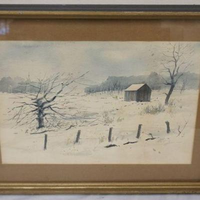 1184	FRAMED WATER COLOR, WINTER FARM SCENE, ARTIST SIGNED, APPROXIMATELY 17 IN X 22 IN OVERALL
