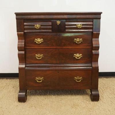1195	ANTIQUE MAHOGANY EMPIRE 6 DRAWER CHEST WITH BOOK MATCHED FLAMED MAHOGANY DRAWER FRONTS AND SCROLLED COLUMN FRONT AND FEET,...