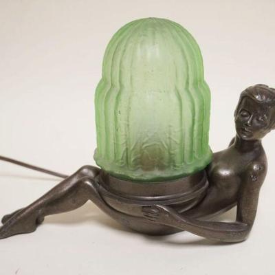1016	ART DECO CAST METAL FIGURAL NUDE DRESSER LAMP W/RIBBED GREEN GLASS SHADE, APPROXIMATELY 10 IN X 5 IN X 8 IN HIGH
