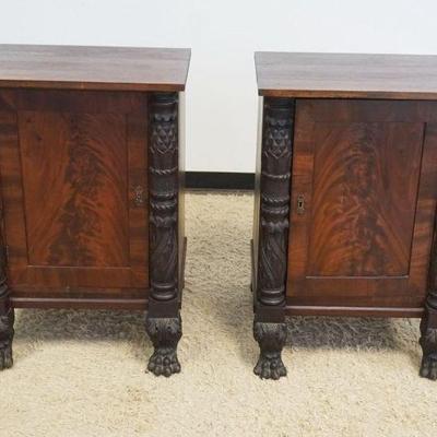 1198	PAIR OF CUSTOM EMPIRE 1 DOOR STANDS WITH CARVED HALF COLUMNS AND CLAW FEET, APPROXIMATELY 25 IN X 23 IN X 35 IN H
