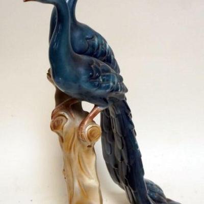 1096	TALL PORTUGUESE POTTERY STATUE OF 2 PEACOCKS PERCHED ON BRANCH, APPROXIMATELY 18 IN H

