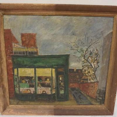 1189	OIL PAINTING ON CAVAS, IMAGE OF STORE FRONT, APPROXIMATELY 26 IN X 28 IN OVERALL

