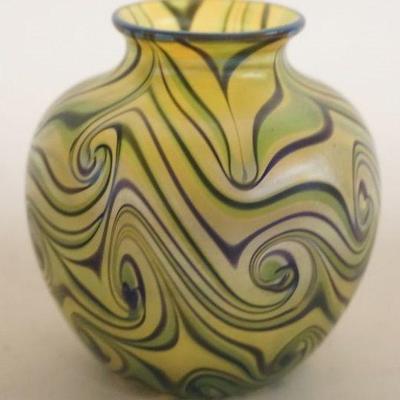 1126	CONTEMPORARY ORIENT AND FLUME  IRIDESENT ART GLASS VASE, ARTIST SIGNED ON BASE, APPROXIMATELY  4 1/4 IN H
