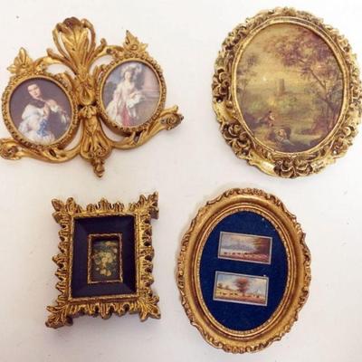 1110	MINIATURE GILT FINISHED FRAME ASSORTMENT CONTAINING PRINTS OF LANDSCAPES AND PORTRAITS, LARGEST FRAME APPROXIMATELY 7 IN X 9 IN
