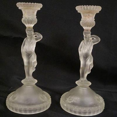 1004	PAIR OF SATIN GLASS FIGURAL CANDLESTICKS, APPROXIMATELY 10 1/2 IN HIGH
