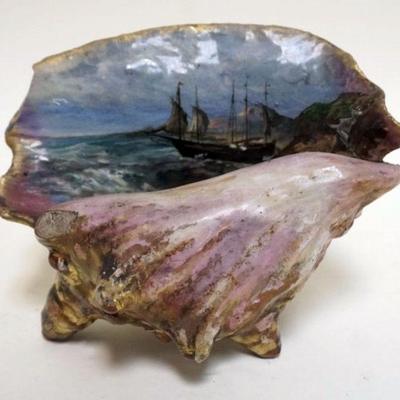 1056	ANTIQUE HAND PAINTED SEASHELL W/PAINTING OF SAILING SHIP ALONG SHORE, LOSS TO SHELL, APPROXIMATELY 8 IN X 5 IN X 6 IN HIGH
