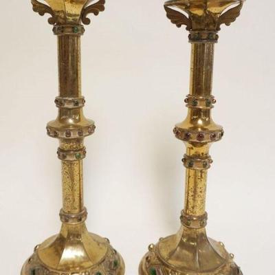 1054	PAIR OF BRASS CANDLESTICKS W/JEWELED GLASS TRIM, APPROXIMATELY 15 IN HIGH
