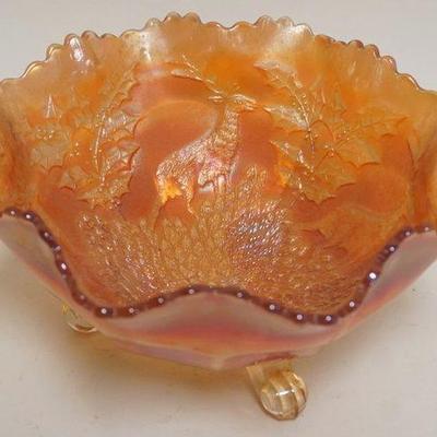 1132	CARNIVAL GLASS FENTON MARIGOLD STAG AND HOLLY FOOTED BOWL, APPROXIMATELY 9 1/2 IN X 5 IN H

