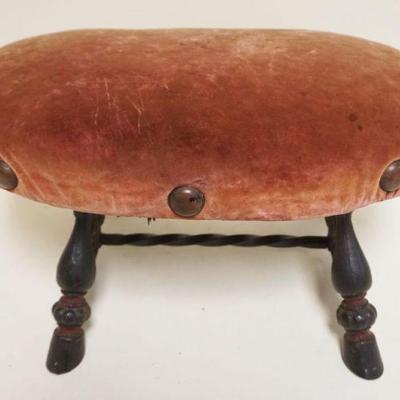 1033	VICTORIAN UPHOLSTERED FOOT STOOL W/HEAVY CAST IRON SIDES, HOOFED FEET, APPROXIMATELY 10 IN X 16 IN X 9 IN HIGH
