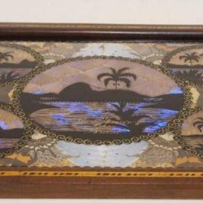 1141	BUTTERFLY ART TRAY WITH IMAGES OF ISLANDS AND PALM TREES, SOME LOSS TO WOOD EDGE, APPROXIMATELY 13 IN X 21 IN
