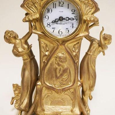 1003	ART NOUVEAU NEW HAVEN CLOCK CO, GILT METAL FIGURAL CLOCK, APPROXIMATELY 3 IN X 7 IN X 11 IN HIGH
