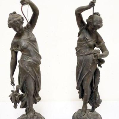 1109	PAIR OF ANTIQUE CAST METAL FIGURES DEPICTING WOMAN HUNTING WITH GAME & FISHING, EACH APPROXIMATELY 22 IN H
