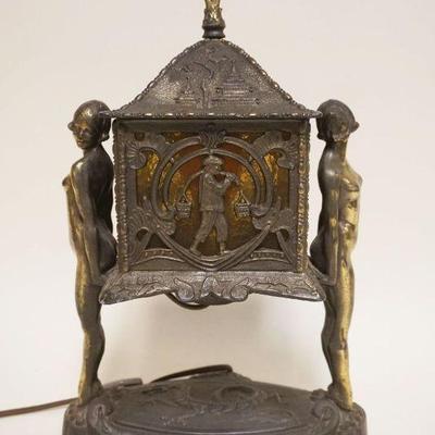 1023	ART NOUVEAU FIGURAL CAST METAL TABLE LAMP W/2 NUDE WOMEN CARRYING AN EMPEROR'S TRANSPORT, APPROXIMATELY 9 IN X 7 IN X 18 IN
