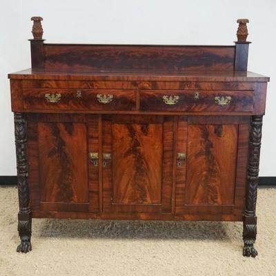1197	ANTIQUE MAHOGANY EMIPRE SIDEBOARD WITH GALLERY AND PINAPPLE FINIALS, HAVING 2 DRAWERS OVER 3 DOORS. FLAMED MAHOGANY DRAWER FRONTS...