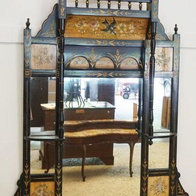 1221	ORNATE VICTORIAN HANGING MIRROR TOP, PAINT DECORATED WITH BIRDS AND FLOWERS, HAVING AN EBONIZED FINISH, APPROXIMATELY 36 IN X 52 IN H
