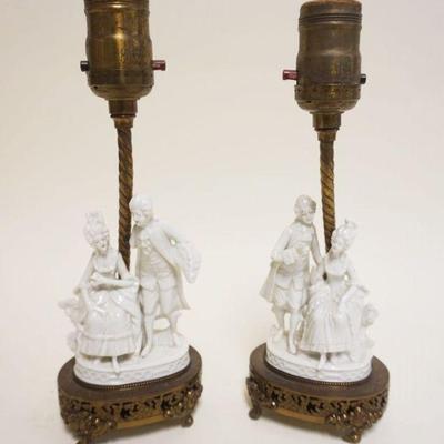 1028	PAIR OF FIGURAL PORCELAIN BOUDOIR LAMPS W/IMAGES OF COURTING SCENES ON METAL BASES, EACH APPROXIMATELY 10 IN HIGH
