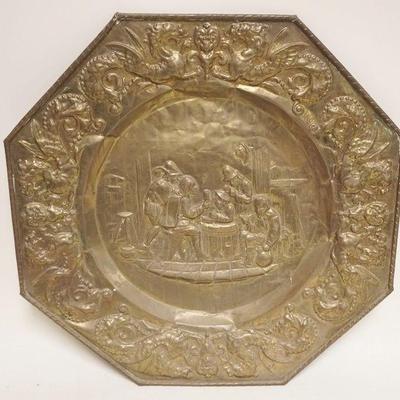 1145	EMBOSSED BRASS WALL PLAQUE WITH ENGLISH PUB SCENE, APPROXIMATELY 23 1/2 IN X 23 1/2 IN 
