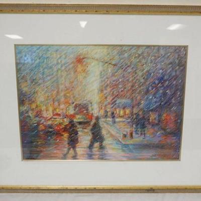 1176	ARTIST SIGNED PASTEL UNDER GLASS, STREET SCENE, APPROXIMATELY 26 IN X 33 IN OVERALL
