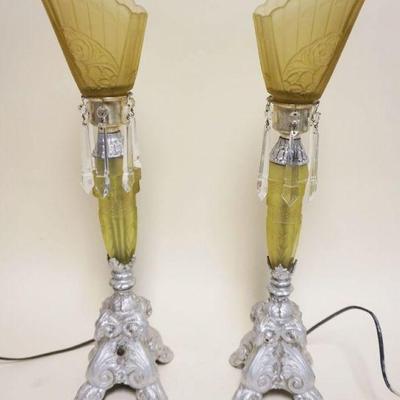 1022	ART DECO ORNATE CAST METAL & FROSTED GLASS BOUDOIR LAMPS, EACH APPROXIMATELY 22 IN HIGH
