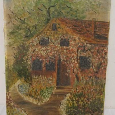 1188	OIL PAINTING ON CANVAS OF COTTAGE, ARTIST SIGNED CARLOS, APPROXIMATELY 16 IN X 22 IN 
