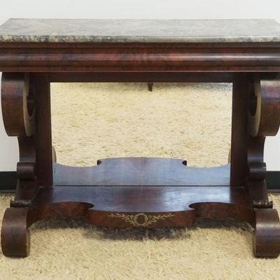 1199	ANTIQUE MAHOGANY EMPIRE MARBLE TOP CONSOLE WITH SCROLLED SIDES, MIRROR BACK CENTER AND ORNATE METAL MOUNT, APPROXIMATELY 42 IN X 18...