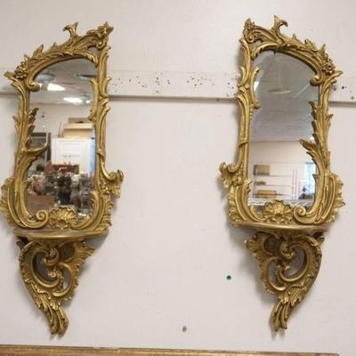 1099	PAIR OF GILT WOOD MIRROR BACK WALL SHELLF SCONCES, EACH APPROXIMATELY 12 IN X 32 IN H
