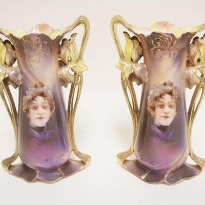 1001	PAIR OF GERMAN ROYAL COBURG PORTRAIT VASES, EACH APPROXIMATELY 9 1/2 IN HIGH, HAIRLINE TO TOP OF ONE VASE
