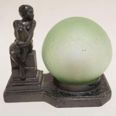1015	ART DECO CAST METAL FIGURAL NUDE DRESSER LAMP W/GREEN GLASS SPHERE SHADE, APPROXIMATELY 8 IN X 5 IN X 8 IN HIGH
