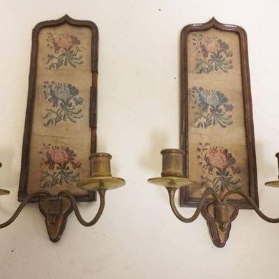 1030	AMTIQUE FRAMED TAPESTRY WALL CANDLE SCONCES, LOSS TO TRIM ON ONE, EACH APPROXIMATELY 8 IN X 14 IN HIGH
