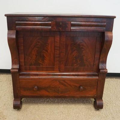 1196	ANTIQUE MAHOGANY EMPIRE 4 DRAWER 2 DOOR CHEST WITH BOOK MATCHED DRAWER FRONTS AND FLAMED MAHOGANY PANELED DOORS, SCROLLED COLUMN...
