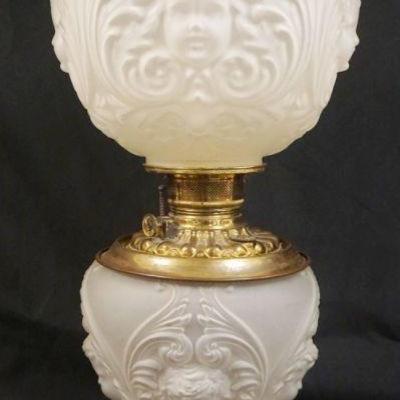 1008	SATIN GLASS CHERUB FACED GONE WITH THE WIND LAMP, ELECTRIFIED, APPROXIMATELY 25 IN HIGH

