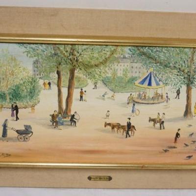 1185	OIL PAINTING, SCENE WITH PEOPLE IN A PARK, ARTIST SIGNED, APPROXIMATELY 30 IN X 18 IN OVERALL
