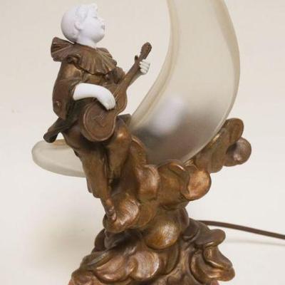 1021	ART DECO BOUDOIR FIGURAL LAMP, CAST METAL & GLASS, BOY SERENADING A QUARTER MOON ON MARBLE BASE, APPROXIMATELY 13 IN HIGH
