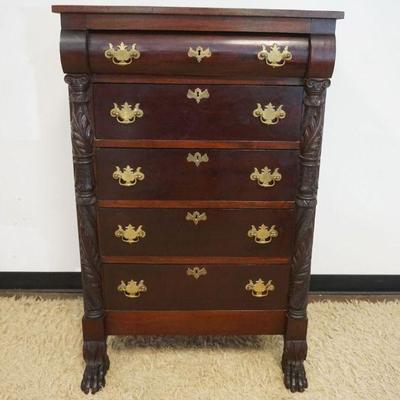 1194	ANTIQUE MAHOGANY NARROW 5 DRAWER CHEST WITH CARVED HALF COLUMNS ON CLAW FEET AND BRASS PULLS, APPROXIMATELY 31 IN X 18 1/2 IN X 48...