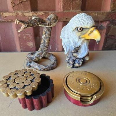 #6005 • Shotgun Shell Coasters, Trinket Box, Rattle Snake & Eagle Head Statues
