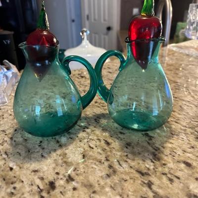 hand blown glass cruet decanters w/chili pepper stopper