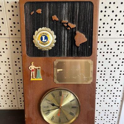 MPS103- Wooden Lions Club Wall Clock With Carved Hawaiian Island & Kailua Pin Design 