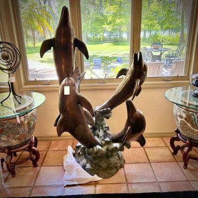 Oversized bronze leaping dolphins fountain sculpture 