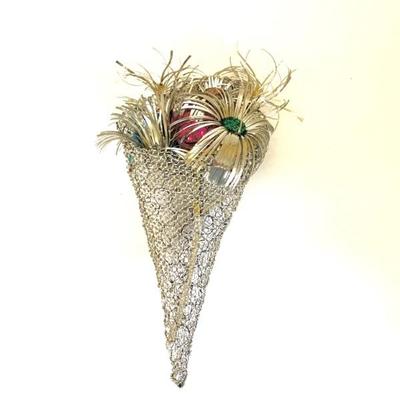 Unusual mid century wire mesh Christmas horn of plenty.