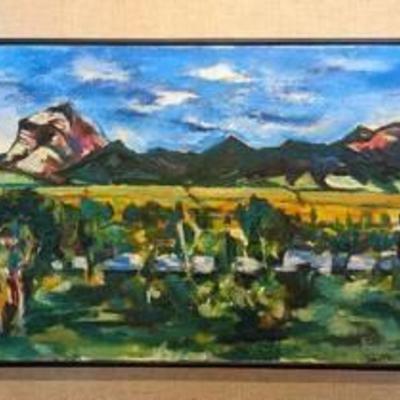 Colorful Scenic Oil Painting by Mari Lyons.

The frame measures 25” x 37”