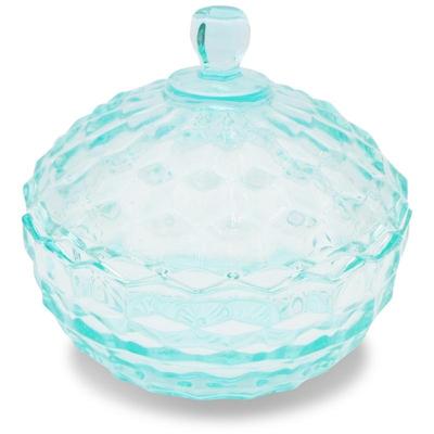 Fosteria Glass Aqua Blue Cubic Design Candy Dish w/Lid