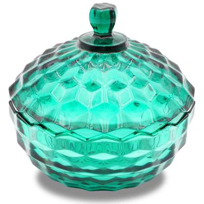 Fosteria Glass Dark Cyan Cubic Design Candy Dish w/Lid
