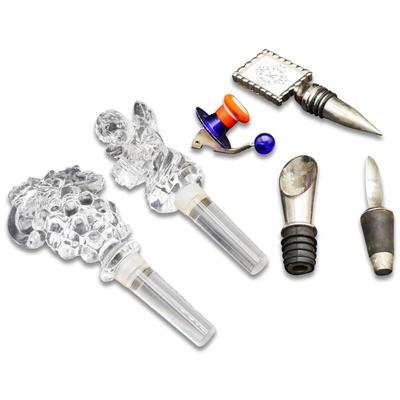 Set of 5 Wine Stoppers And 1 Pour Spout, With 2 Mikasa Crystal Bottle Stoppers