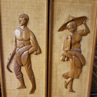 Can’t mid century teak & burlap wall hangings